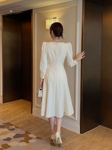 Plea Puff Heart Neck Button Slit One Piece